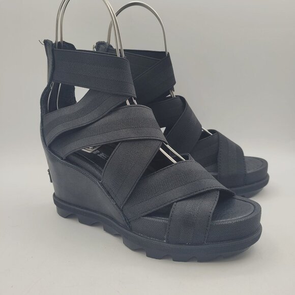 Sorel Joanie Li Strappy Stretch Leather Wedge Sandals Women's Size 6 Black EUC - Picture 1 of 16